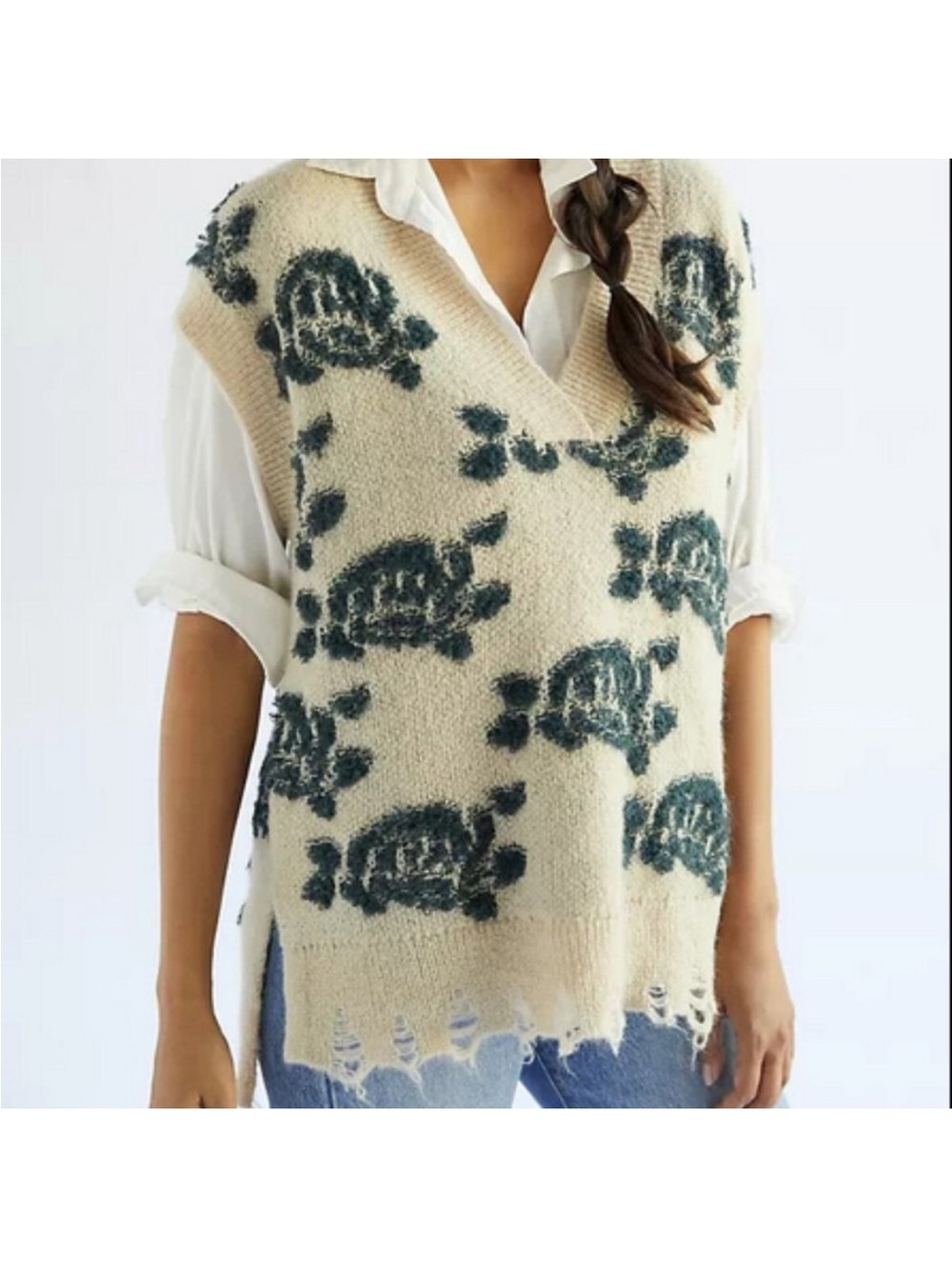 Anthropologie Distressed Floral Knit Sweater Vest V-Neck Top Small